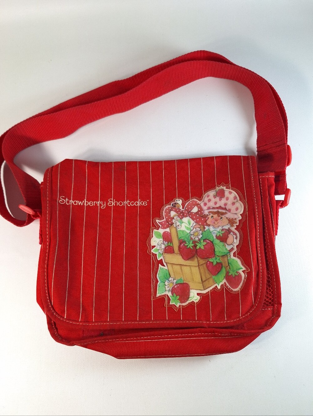 Vintage Strawberry Shortcake Messenger Bag Crossbody Red Canvas Stripe Flap